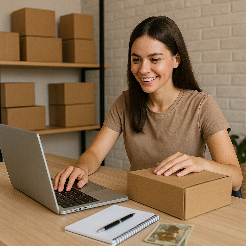 Mulher jovem empreendendo em casa com computador e caixas de encomendas, representando pequeno negócio iniciado com baixo investimento.